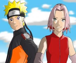 Puzzle Οι κύριοι χαρακτήρες Naruto Uzumaki και Sakura Haruno χαμογελαστά